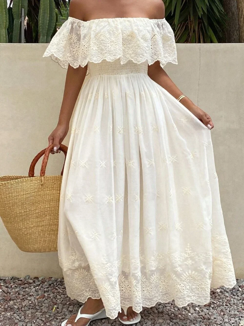 Apricot Boho Women's Vacation Embroidered Off-Shoulder Ruffle Sundress - Picture 2 of 7